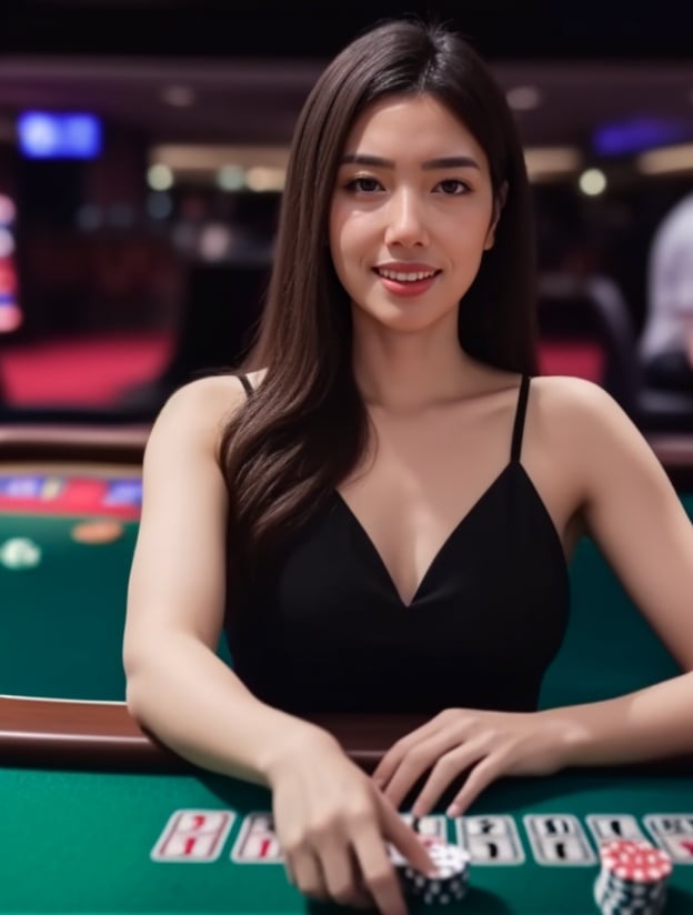 (ultra-detailed:1.2), ultra high res, (RAW photo:1.2), extremely detailed, finely detail, A girl, dealer, smile, invitation gesture, black dress, jewelry, casino, panpan, Gaming tables, Croupier, Exquisite dresses, Sit at the gaming table, Face the lens, (masterpiece:1.4), (best quality:1.4), high quality, highres