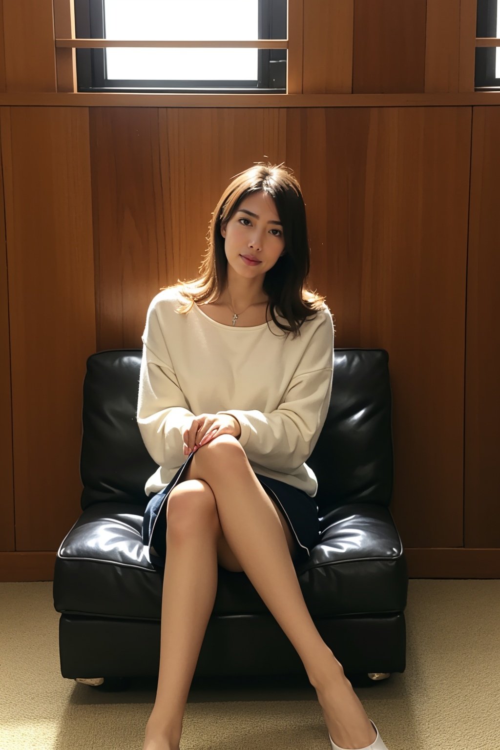 1girl,sitting on a cozy couch,crossing legs,soft light,panpan