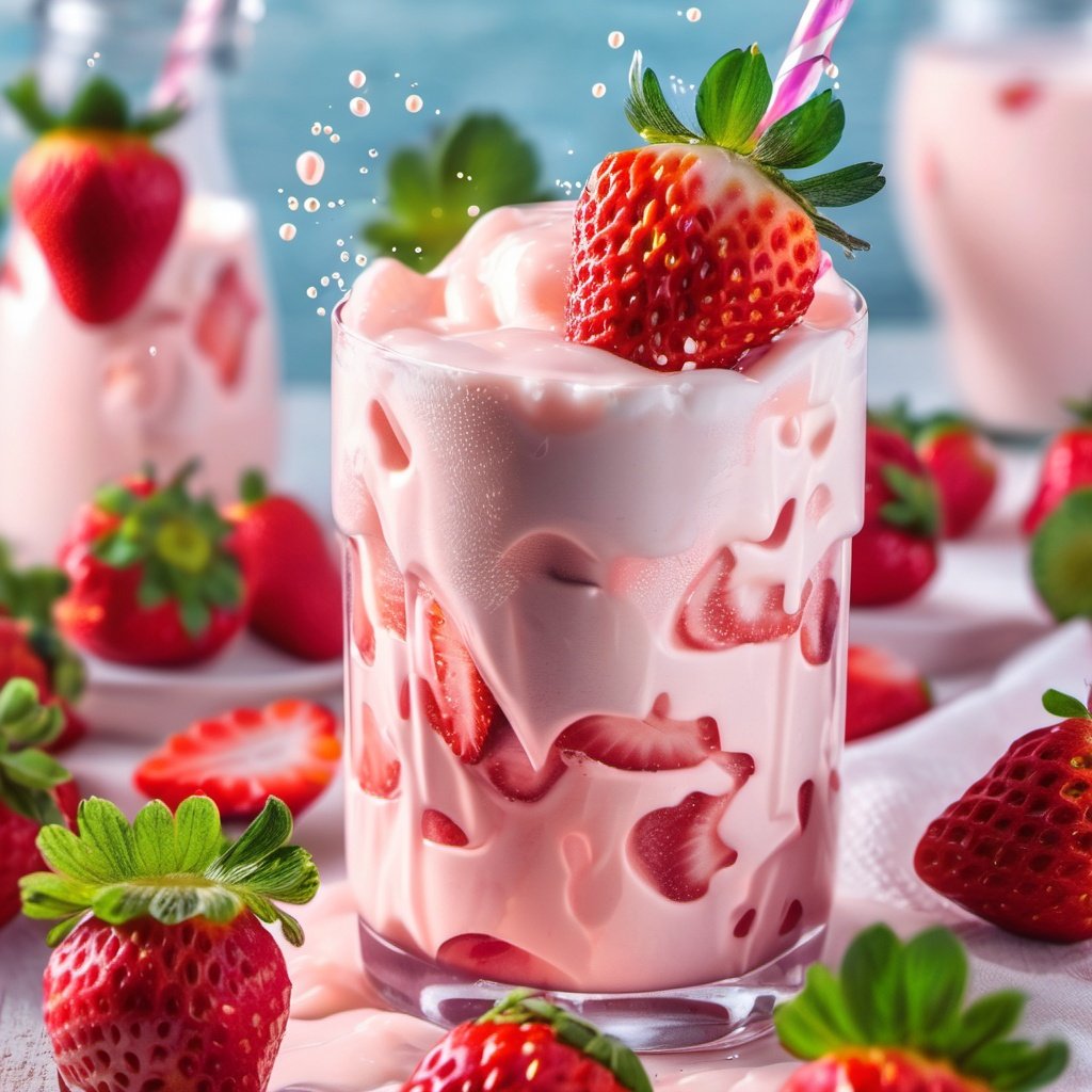 Splashing liquid, falling fruit,A photo of a strawberry milk mixture presents a visual beauty and appeal. Bright colors, mixed with elements of strawberry and milk. The center of the drink is pale pink strawberry juice mixed with some fresh strawberry pulp, while the surrounding is white milk foam,