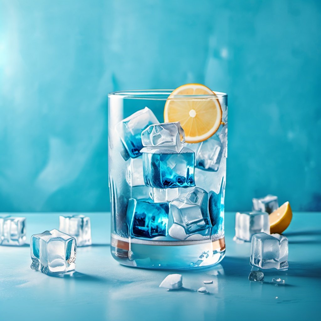 The cup itself is a crystal clear glass filled with ice and beer. Some of the ice cubes are clear, while others are blurred by the chilled drink