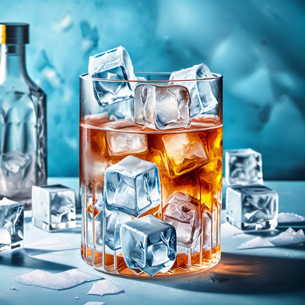 The cup itself is a crystal clear glass filled with ice and beer. Some of the ice cubes are clear, while others are blurred by the chilled drink