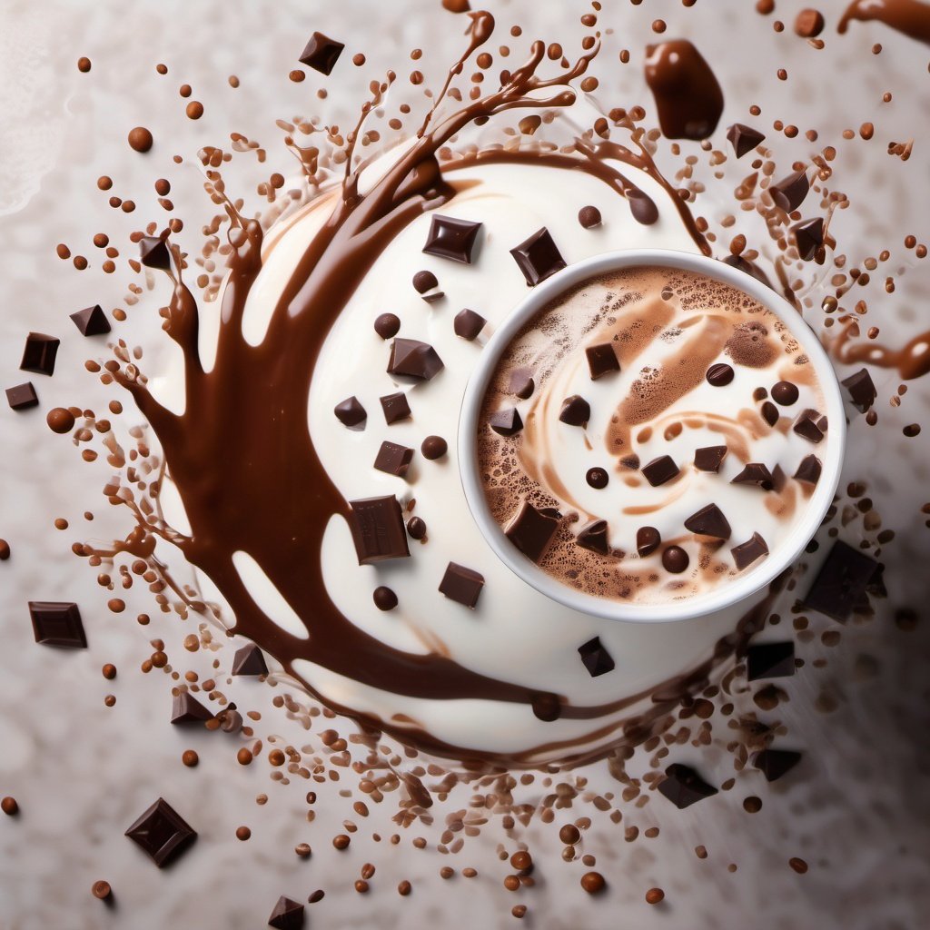 A photograph of a chocolate milk tea mixture presents a visual beauty and appeal. The rich chocolate aroma, mixed with the sweetness of milk, creates an intoxicating atmosphere. In the center of the drink is a dark brown chocolate juice mixed with small particles of chocolate and milk, surrounded by a white milk foam. Liquid splashes and bubbles burst, creating a dynamic atmosphere. The whole picture is full of vitality and vividness, making people want to taste this cup of chocolate milk tea.