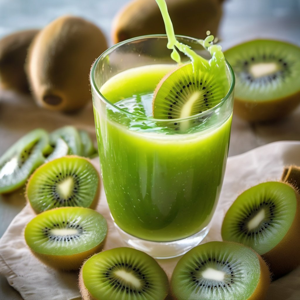 Kiwi juice drink, the delicate taste of kiwi meat,On an early morning, as the sun pours through the window into the kitchen, the cut sides of the kiwi fruit glisten in the sunlight, brightening with a vivid yellow-green color, presenting an attractive texture and color，The kiwi juice suddenly gushes out into the clear glass. The juices swirl and dance in the cup like a unique scenery. Through the sun, the kiwi juice emits a charming color, like the emerald of nature, shining，