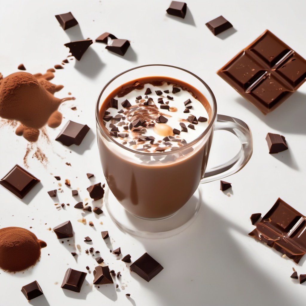 A photograph of a chocolate milk tea mixture presents a visual beauty and appeal. The rich chocolate aroma, mixed with the sweetness of milk, creates an intoxicating atmosphere. In the center of the drink is a dark brown chocolate juice mixed with small particles of chocolate and milk, surrounded by a white milk foam. Liquid splashes and bubbles burst, creating a dynamic atmosphere. The whole picture is full of vitality and vividness, making people want to taste this cup of chocolate milk tea.