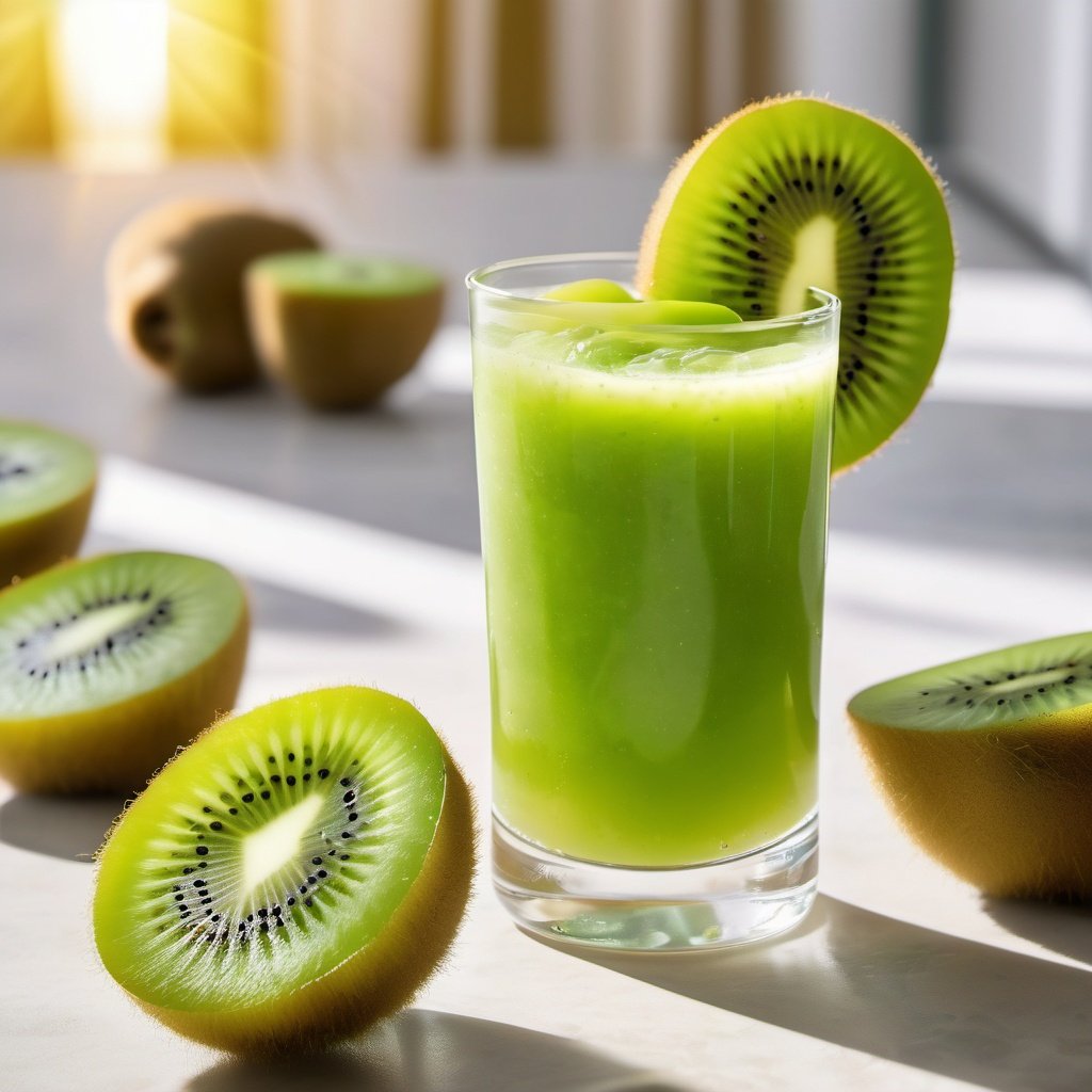 Kiwi juice drink, the delicate taste of kiwi meat,On an early morning, as the sun pours through the window into the kitchen, the cut sides of the kiwi fruit glisten in the sunlight, brightening with a vivid yellow-green color, presenting an attractive texture and color，The kiwi juice suddenly gushes out into the clear glass. The juices swirl and dance in the cup like a unique scenery. Through the sun, the kiwi juice emits a charming color, like the emerald of nature, shining，