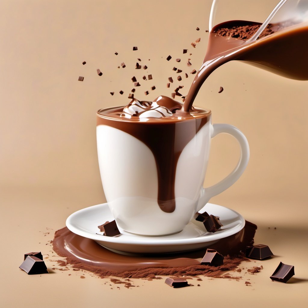 A photograph of a chocolate milk tea mixture presents a visual beauty and appeal. The rich chocolate aroma, mixed with the sweetness of milk, creates an intoxicating atmosphere. In the center of the drink is a dark brown chocolate juice mixed with small particles of chocolate and milk, surrounded by a white milk foam. Liquid splashes and bubbles burst, creating a dynamic atmosphere. The whole picture is full of vitality and vividness, making people want to taste this cup of chocolate milk tea.