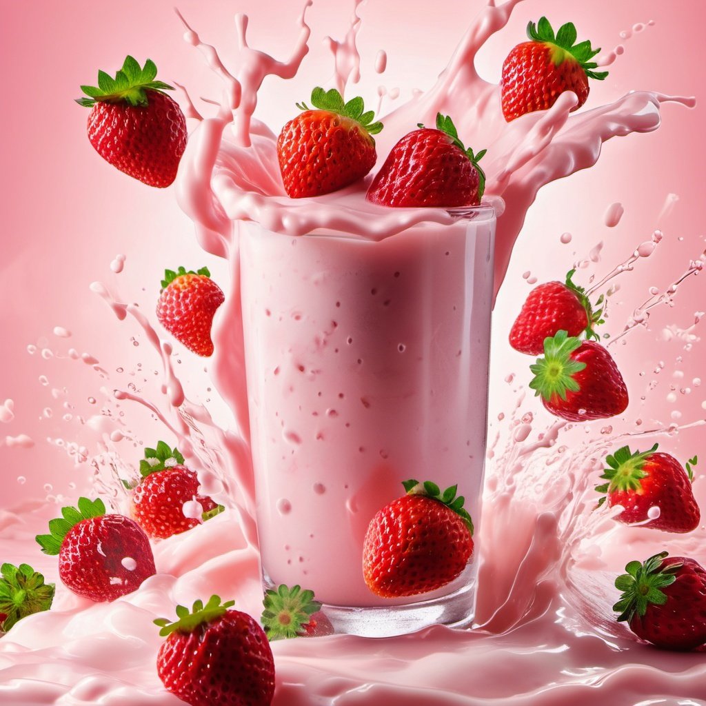 Splashing liquid, falling fruit,A photo of a strawberry milk mixture presents a visual beauty and appeal. Bright colors, mixed with elements of strawberry and milk. The center of the drink is pale pink strawberry juice mixed with some fresh strawberry pulp, while the surrounding is white milk foam,