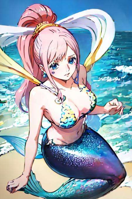 Shirahoshi, mermaid, scales of fish, <lora:Shirahoshi_V1-000003:1>, detailed face,  beach, bikini, from above,, (masterpiece:1.2), highres, best quality, 8k,