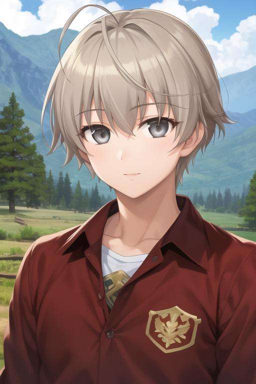 masterpiece, best quality, photorealistic, 1boy, solo, male focus, looking at viewer, upper body, , <lora:haruka_kasugano:0.64>, haruka_kasugano, grey hair, grey eyes, timber costume, The Valley of the Lost,