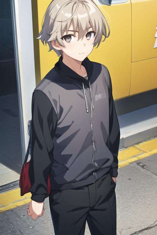 masterpiece, best quality, game cg, 1boy, solo, male focus, looking at viewer, , , <lora:haruka_kasugano:0.72>, haruka_kasugano, grey hair, grey eyes, psycho costume, superhero fiction,