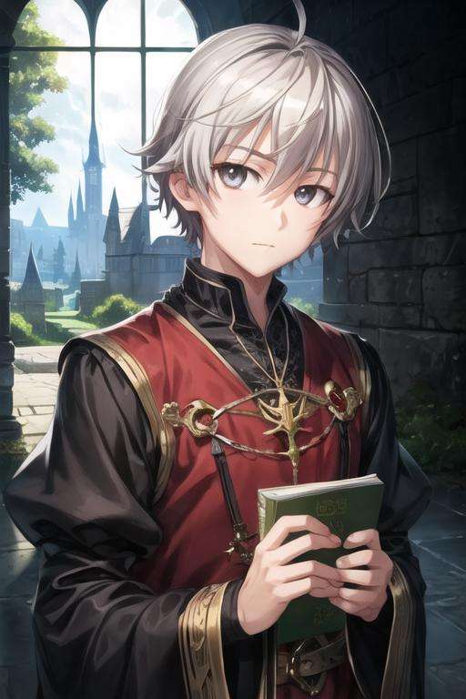 masterpiece, best quality, illustration, 1boy, solo, male focus, looking at viewer, , , <lora:haruka_kasugano:0.64>, haruka_kasugano, grey hair, grey eyes, , A dark, foreboding castle where a wicked queen reigns,