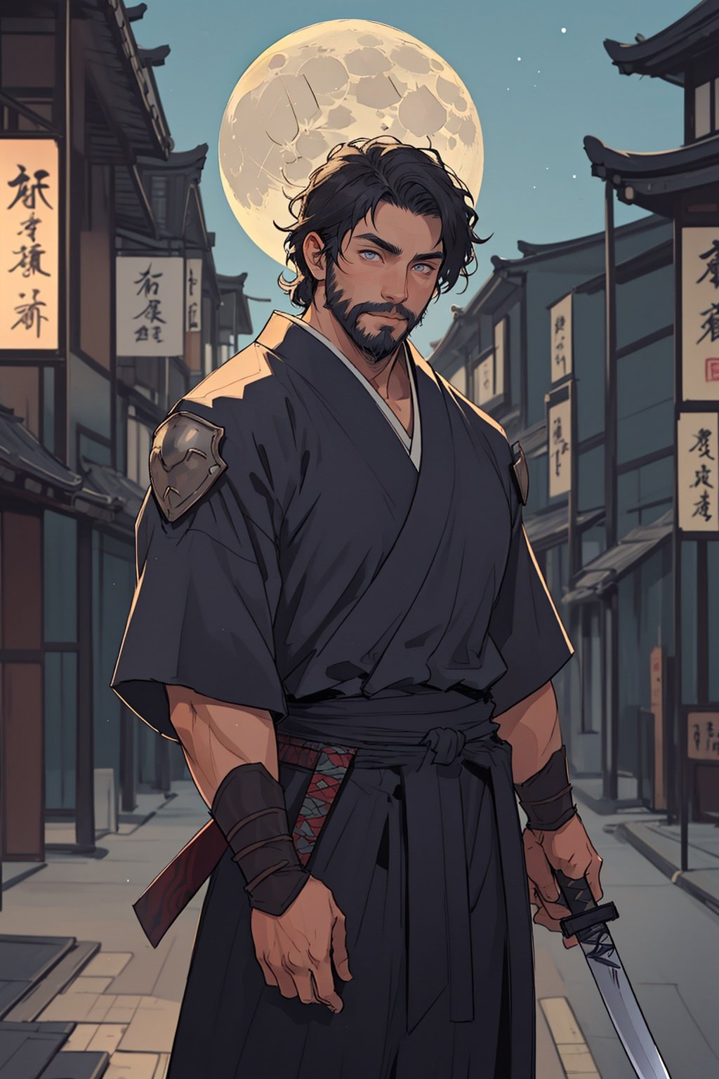 1man,masterpiece,best quality,detailed background,solo,muscular male,cowboy_shot,street,east asian architecture,full moon,japanese armor,holding katana,looking at viewer,beard,detailed eyes,beautiful eyes,standing,depth of field,