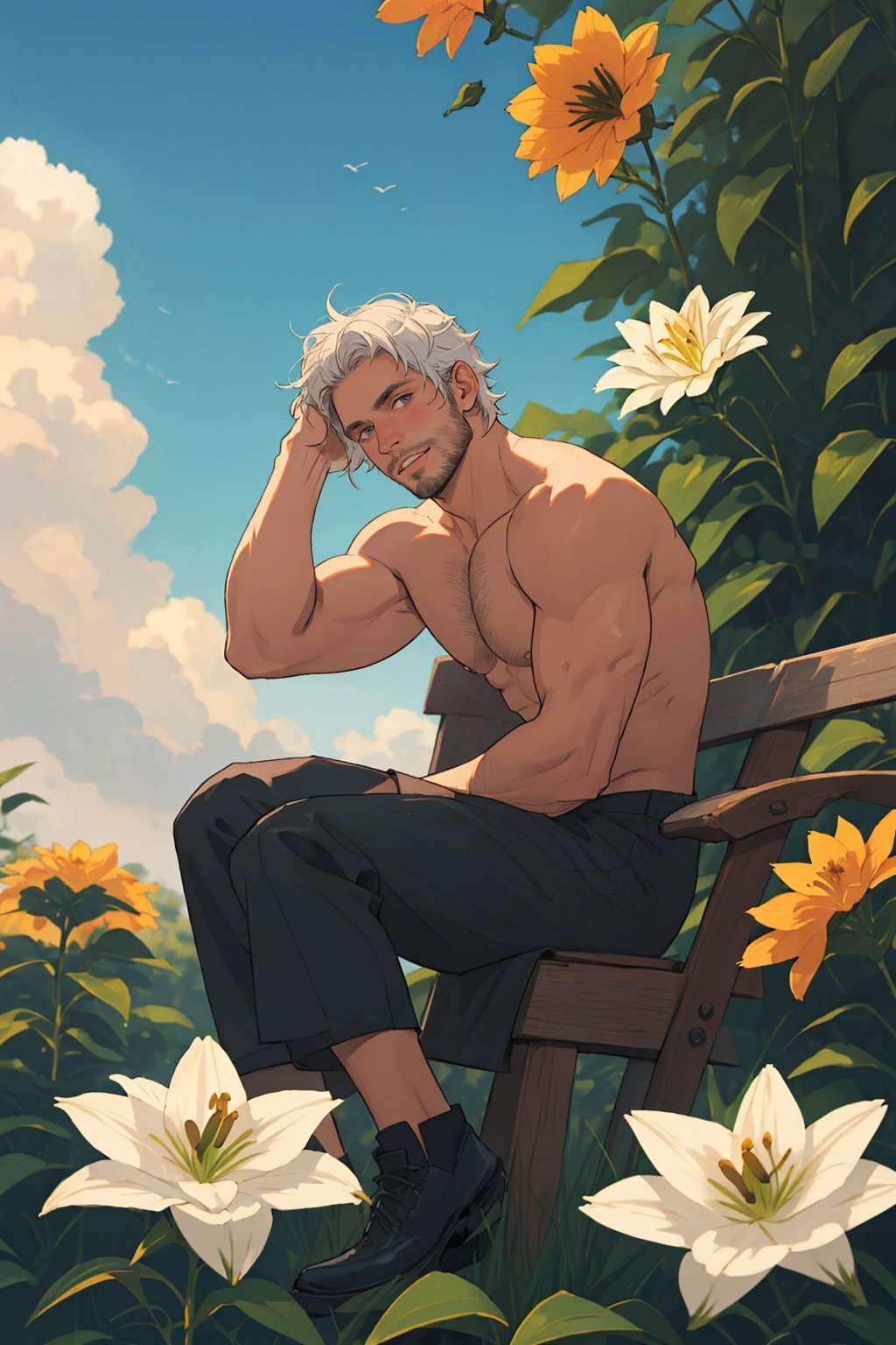 sitting,masterpiece,best quality,highres,4k,1boy,muscular,male focus,white hair,stubble,looking_at_viewer,upper body,topless male,lily \(flower\),blue sky,cinematic,depth of field,   