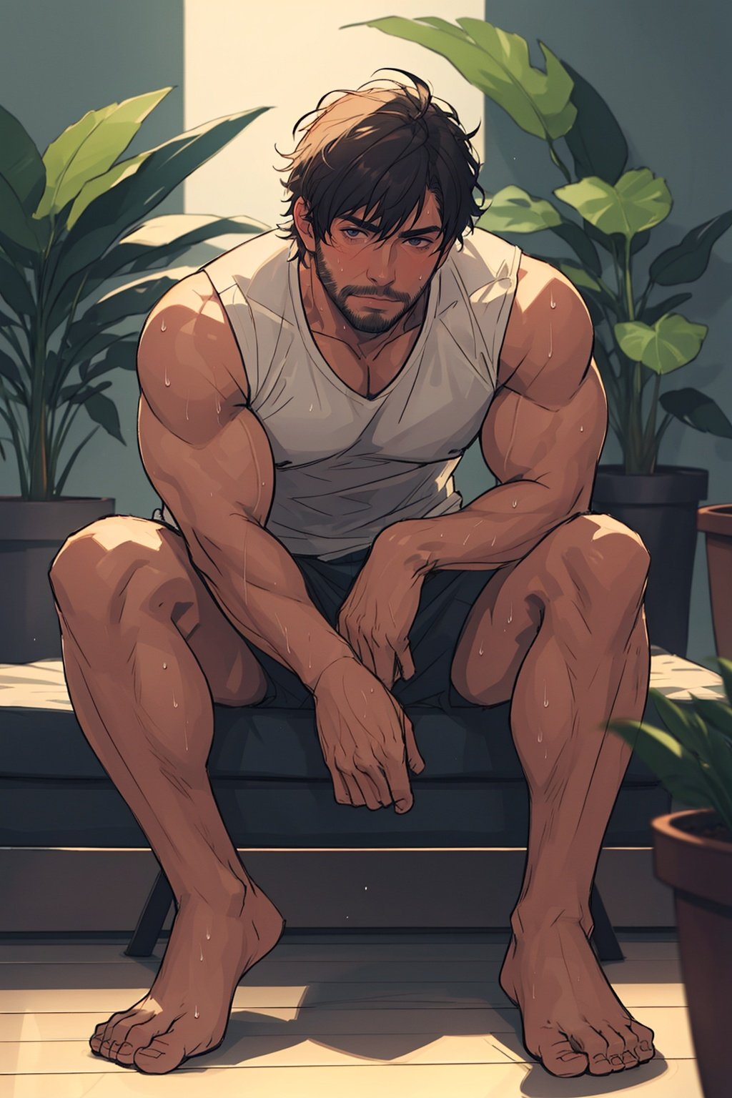 front face, 1man, masterpiece, best quality, detailed background, solo, muscular male, stubble, sweat, full body, sitting, separated legs, separated feet, bare_feet, toes, indoors, cozy, plant, depth of field