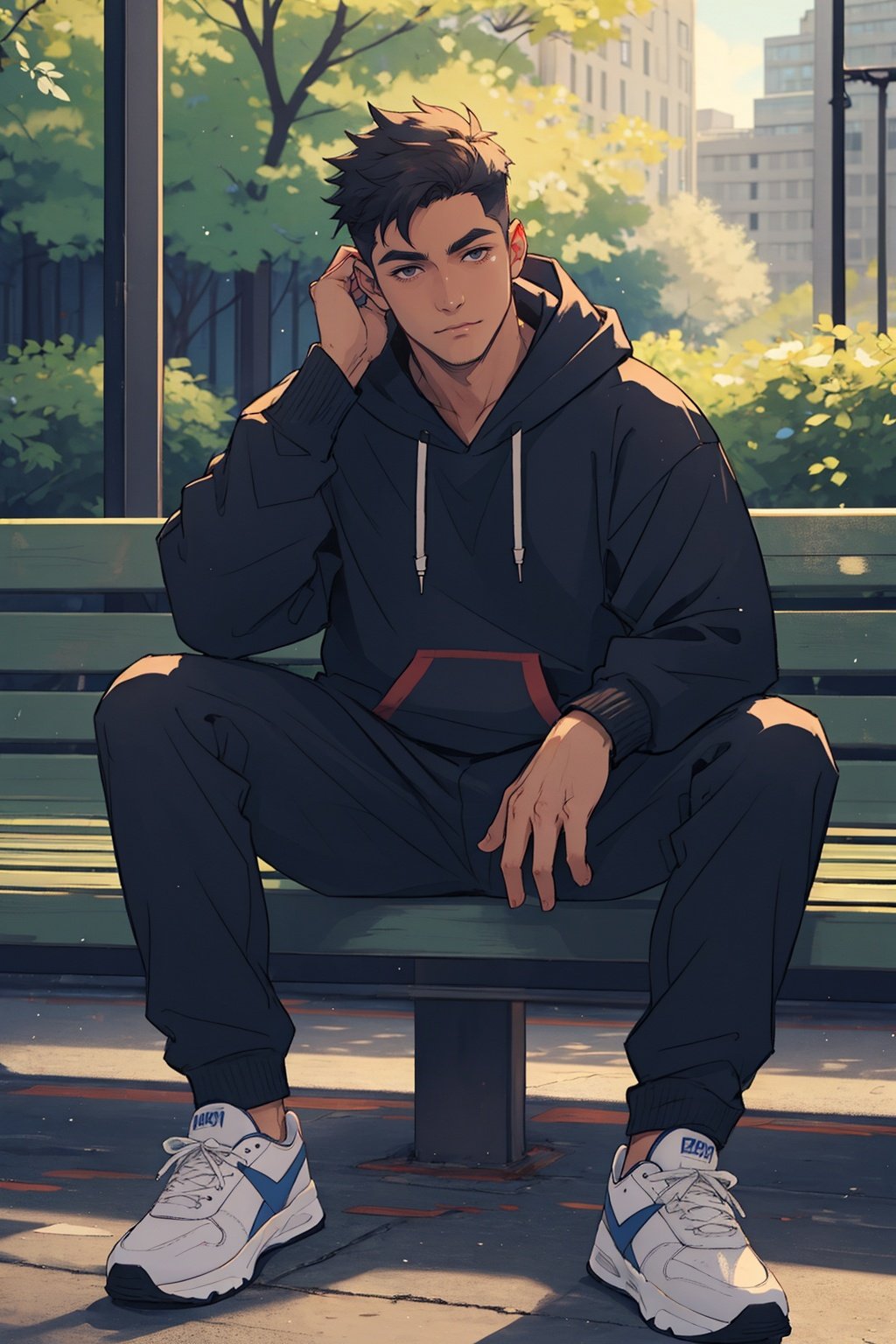 a muscular male sitting in park, hoodie,sneakers,depth_of_field