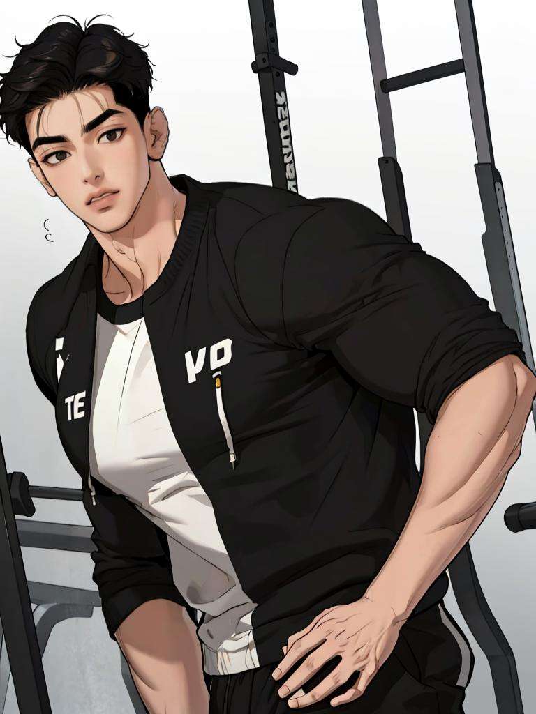 best quality,masterpiece,highres,1boy,male focus,solo,looking at viewer,jaekyung,black hair,short hair,black eyes,muscular,muscular male,<lyco:朱在京-000012:1>,gym, 