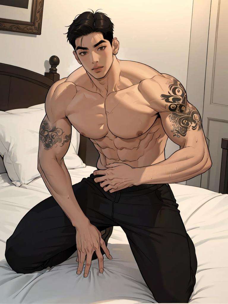 best quality,masterpiece,highres,1boy,male focus,solo,looking at viewer,jaekyung,black hair,short hair,black eyes,muscular,muscular male,<lyco:朱在京-000012:1>, black panties,tattoo, nude,full body, mature male, bedroom, on bed, kneeling, 