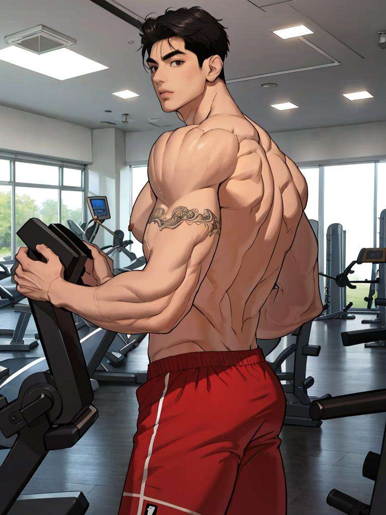 best quality,masterpiece,highres,1boy,male focus,solo,looking at viewer,jaekyung,black hair,short hair,black eyes,muscular,muscular male,<lyco:朱在京-000012:1>,gym, 