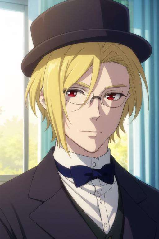 masterpiece, best quality, game cg, 1boy, solo, male focus, looking at viewer, upper body, , <lora:louis_james_moriarty:0.74>, louis_james_moriarty, blonde hair, glasses, red eyes