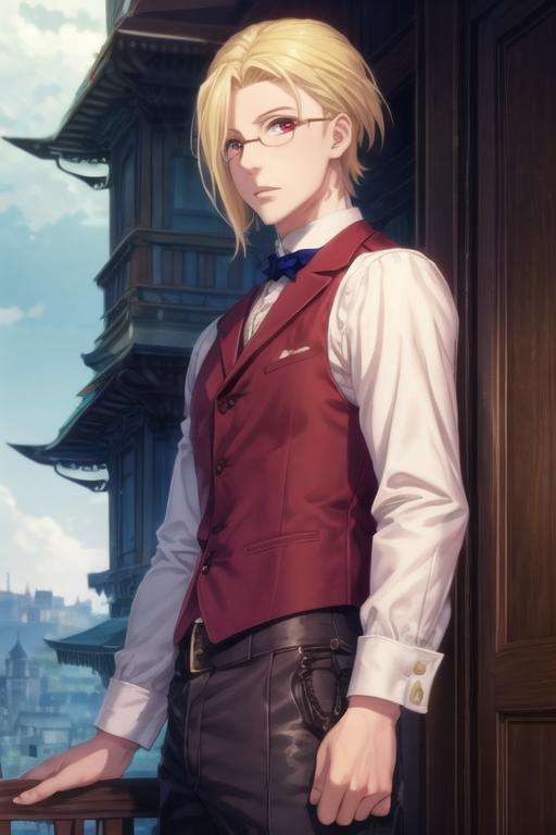 masterpiece, best quality, game cg, 1boy, solo, male focus, looking at viewer, , , <lora:louis_james_moriarty:0.68>, louis_james_moriarty, blonde hair, glasses, red eyes, thief costume, The Tower of Destiny,