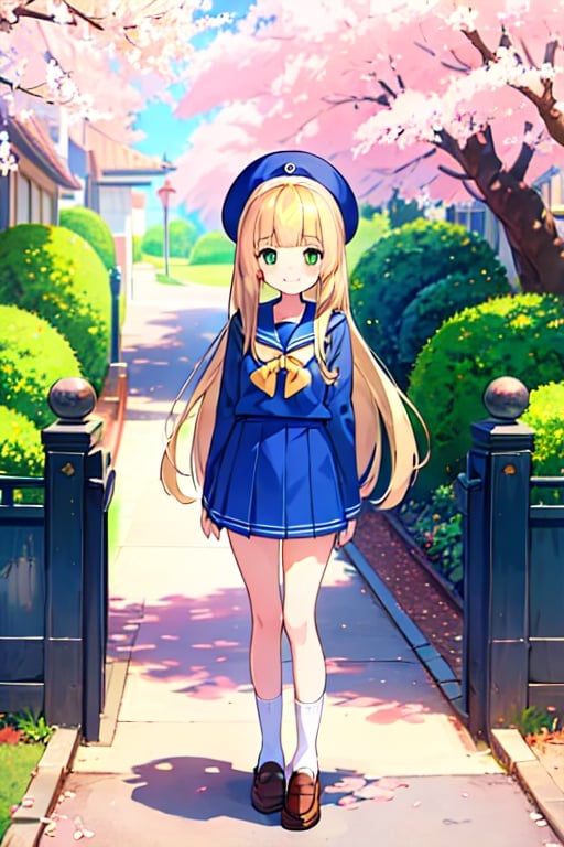 cute little girl standing in front of the school gate,blonde hair,green eyes,long hair,(blunt bangs),(sailor uniform:1.3),loose socks,loafers,full body,smile,kawaii,cowboy shot,concept art,cherry blossom tree,blue sky,