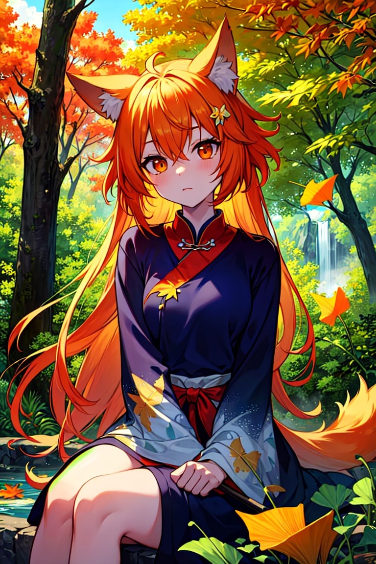 ultra-detailed,(best quality),((masterpiece)),(highres),original,extremely detailed 8K wallpaper,(an extremely delicate and beautiful),((detailed face)),beautiful detail eyes,\\1englai Fairyland,Chinese mythology,Colorful auspicious clouds,autumn,autumn leaves,falling leaves,holding leaf,leaf,leaf background,leaf hair ornament,maple leaf,aki shizuha,leaf print,starfish,anger vein,ginkgo leaf,leaf on head,spoken anger vein,tree,waterfall,sweet potato,dragonfly,acorn,solo,braid,blurry foreground,1girl,day,painting,depth of field,blurry,long hair,branch,hair ornament,leaves in wind,forest,outdoors,nature,campfire,shirt,onsen,koi,sitting,,hair fluttering in the wind,messy hair,lens flare,(golden eye),(red eye),(wolf ear),(yellow hair),(wolf tail),(wolf ears),(a cute young girl:1.1),(wolf ear),orange hair,very long hair,small breasts,(looking at viewer),