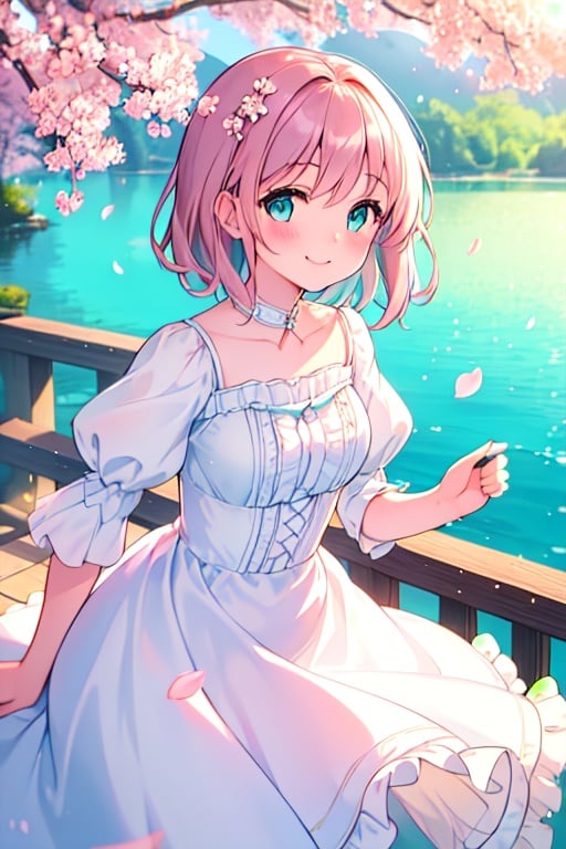 (masterpiece), best quality, outdoors, cherry blossoms, sunlight, lake, dappled sunlight, light particles, light rays, 1girl, blush, smile, medium hair, aqua eyes, white dress, puffy sleeves, frills