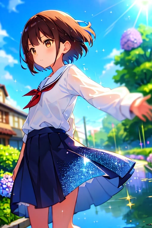 (solo), cute little (1girl) walking,path,brown hair,sine short hair,brown eyes,puddle,Water Reflection,rain,floating water drop,hydrangea,(blurry foreground),dynamic angle,asphalt,(blue sky),lens flare,school uniform,(glitter:1.2)