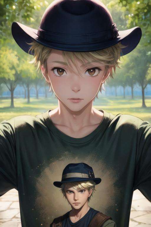 masterpiece, best quality, illustration, 1boy, solo, male focus, looking at viewer, upper body, depth of field, <lora:john_h_watson:0.74>, john_h_watson, brown eyes, blonde hair, crew neck t-shirt, hat, fantasy, High definition