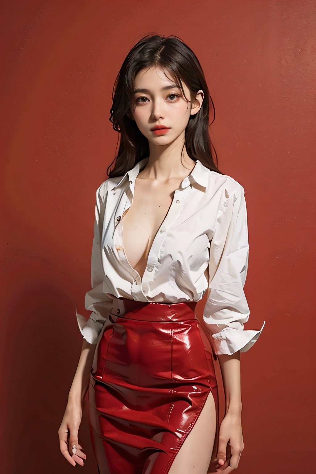 realistic,Masterpiece,1 girl,thigh,cleavage cutout,white blouse, skirt,((red background))