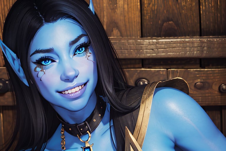 1 girl,  close up,  blue skin,  smile,  happy,  blue skin, ,  blue eyes,  black hair,  elf ears,  wooden walls,  stone floor,  wooden panels,  bra,  collar,  comfortable,  oil painting,  dresser,  furniture eye tattoos,  flowers,  stairs,  book,  sword,  chains, <lora:EMS-26547-EMS:0.800000>