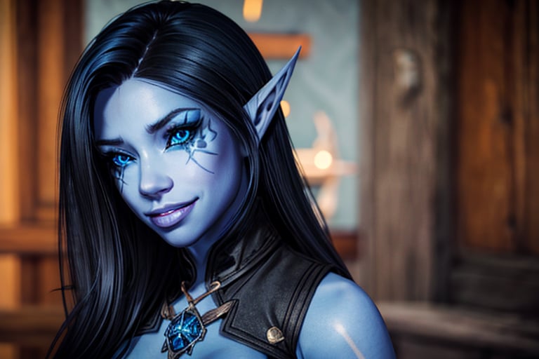 1 girl,  with blue skin,  a naughty smile,  happy,  blue skin, ,  blue eyes,  black hair,  elf ears,  eye tattoos, <lora:EMS-26547-EMS:0.800000>, , <lora:EMS-179-EMS:0.800000>