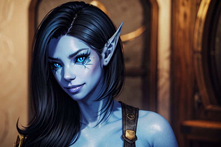 1 girl,  with blue skin,  a naughty smile,  happy,  blue skin, ,  blue eyes,  black hair,  elf ears,  eye tattoos, <lora:EMS-26547-EMS:0.800000>, , <lora:EMS-179-EMS:0.800000>