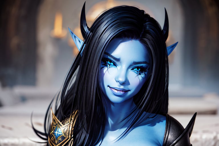 1 girl,  with blue skin,  a naughty smile,  happy,  blue skin, ,  blue eyes,  black hair,  elf ears,  eye tattoos, <lora:EMS-26547-EMS:0.800000>, , <lora:EMS-179-EMS:0.800000>