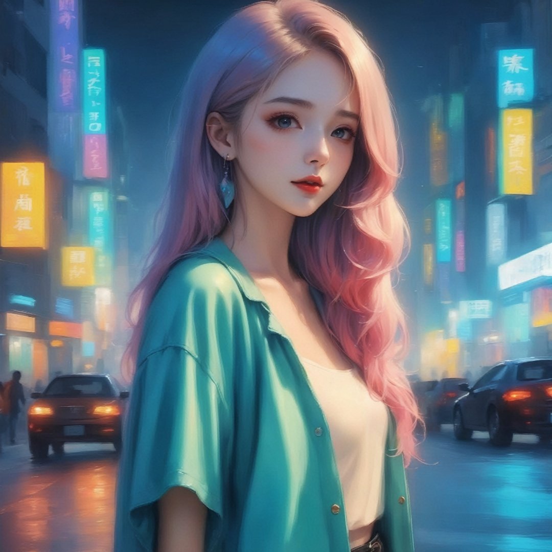 Best quality, film light effect, a girl standing on the street, rich colors, super detailed face details, super detailed hair, city streets, night, neon lights, moon, colorful,solo,looking at viewer, 