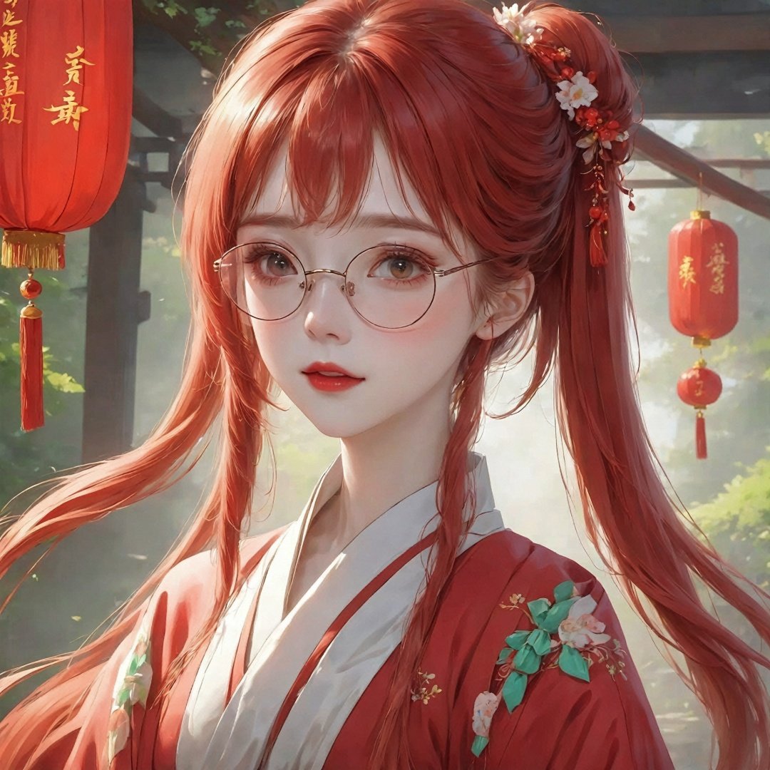 4K, HD,, best quality,masterpiece, official art, ultra high res, 1girl, chinese clothes, hanfu, solo,red hair,twin braids,over-rim eyewear,licking lips,