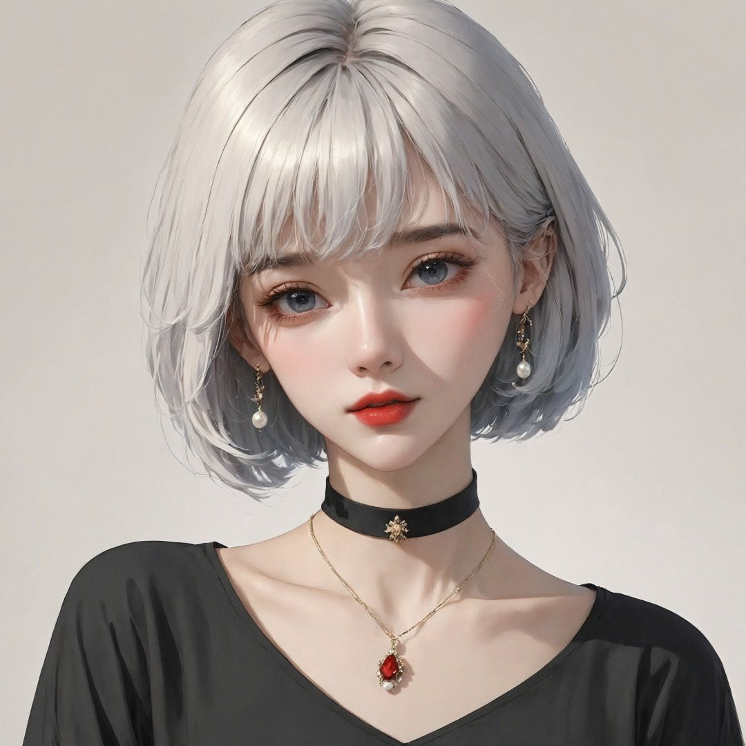 masterpiece,best quality,8K,official art,ultra high res,1girl,jewelry,solo,earrings,black hair,choker,necklace,looking at viewer,short hair,portrait,bangs,simple background,black eyes,red lips,makeup,lips,collarbone,white background,black choker,shirt,closed mouth,pearl necklace,artist name,black shirt,bob cut,