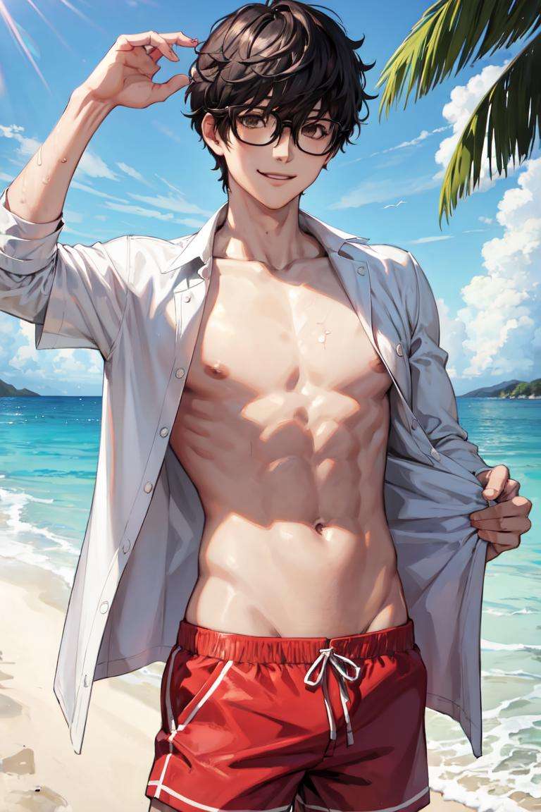 masterpiece, best quality, absurdres, 1boy, solo, AmamiyaRen, glasses, open shirt, swimming trunks, beach scene, smile,<lora:AmamiyaRen:0.8>