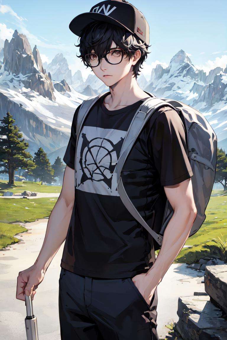 masterpiece, best quality, absurdres, 1boy, solo, AmamiyaRen, glasses, pants, shirt, hiker, baseball cap, mountain scene, backpack,<lora:AmamiyaRen:1.0>