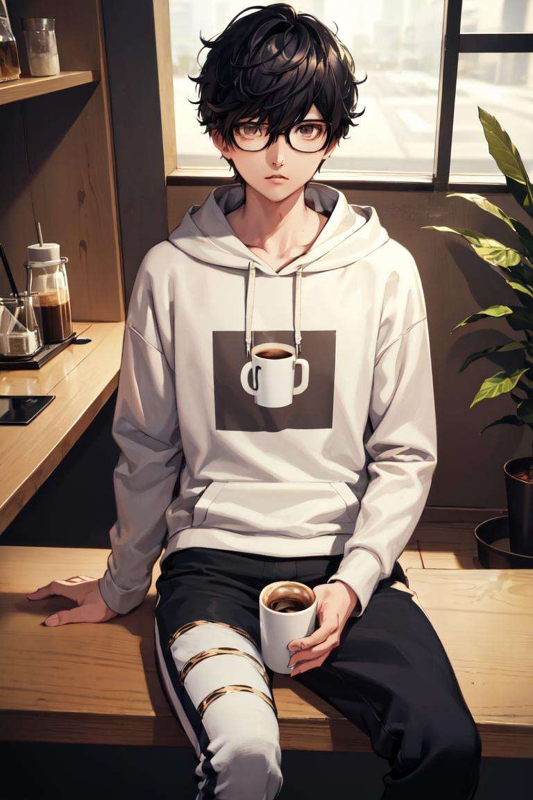 masterpiece, best quality, absurdres, 1boy, solo, AmamiyaRen, glasses, hoodie, pants, sitting, coffee, coffee shop, <lora:AmamiyaRen:1.0>