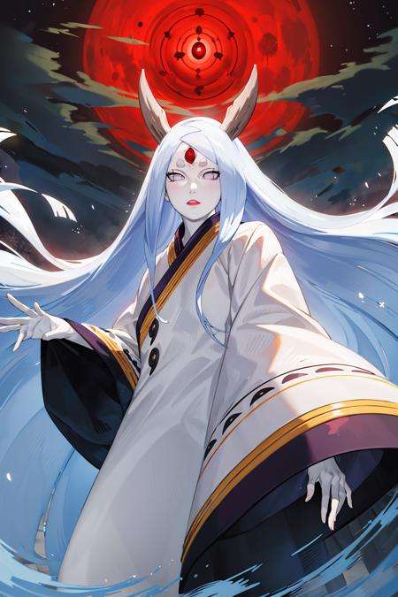 masterpiece,best quality,highly detailed,ultra-detailed,an extremely delicate and beautiful,masterpiece,1girl, solo,kaguya,mature female,  long hair, absurdly long hair, third eye,horns,  pale skin,white short eyebrows,  otsutsuki kimono, floating hair,  looking at viewer, red moon, night, cloudy sky, <lora:kaguya[V1.5Alt]:0.8>