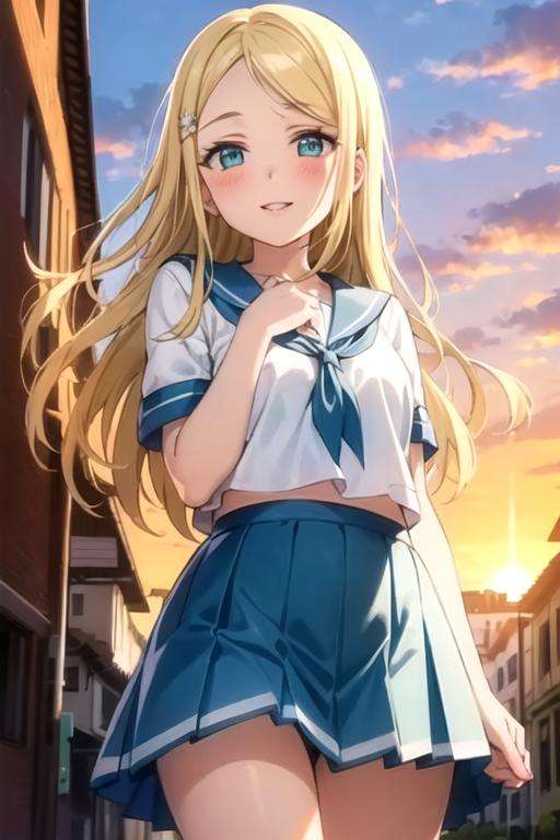 (masterpiece, best quality, ultra-detailed), (illustration), (beautiful detailed eyes), <lora:arisa_v1:0.60>, ayase arisa, (1girl), smile, parted lips, blush, (solo), blonde hair, long hair, aqua eyes, hairclip, street, white serafuku, blue skirt, blue sailor collar, sunset, city background, 