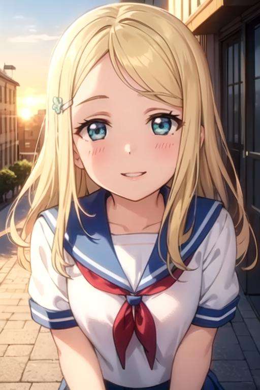 (masterpiece, best quality, ultra-detailed), (illustration), (beautiful detailed eyes), <lora:arisa_v1:0.60>, ayase arisa, (1girl), smile, parted lips, blush, (solo), blonde hair, long hair, aqua eyes, hairclip, street, white serafuku, blue skirt, blue sailor collar, sunset, city background, 