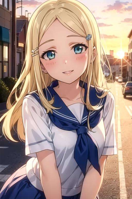 (masterpiece, best quality, ultra-detailed), (illustration), (beautiful detailed eyes), <lora:arisa_v1:0.60>, ayase arisa, (1girl), smile, parted lips, blush, (solo), blonde hair, long hair, aqua eyes, hairclip, street, white serafuku, blue skirt, blue sailor collar, sunset, city background, 