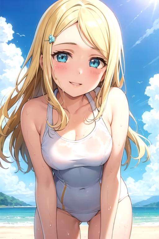 (masterpiece, best quality, ultra-detailed), (illustration), (beautiful detailed eyes), <lora:arisa_v1:0.60>, ayase arisa, (1girl), smile, parted lips, blush, (solo), blonde hair, long hair, aqua eyes, hairclip, white swimsuit, beach background, blue sky, sunny, clouds, standing, wet body,