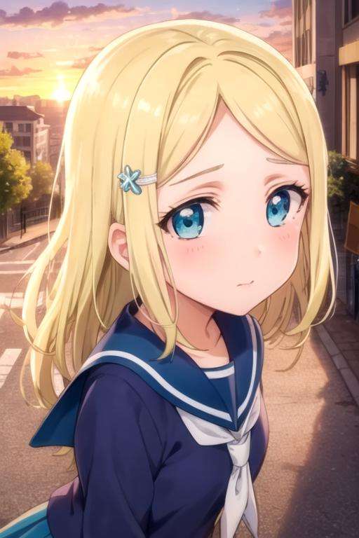 (masterpiece, best quality, ultra-detailed), (illustration), (beautiful detailed eyes), <lora:arisa_v1:0.66>, ayase arisa, (1girl), (solo), blonde hair, long hair, aqua eyes, hairclip, street, white serafuku, blue skirt, blue sailor collar, sunset, city background, <lora:add_detail:0.8> 