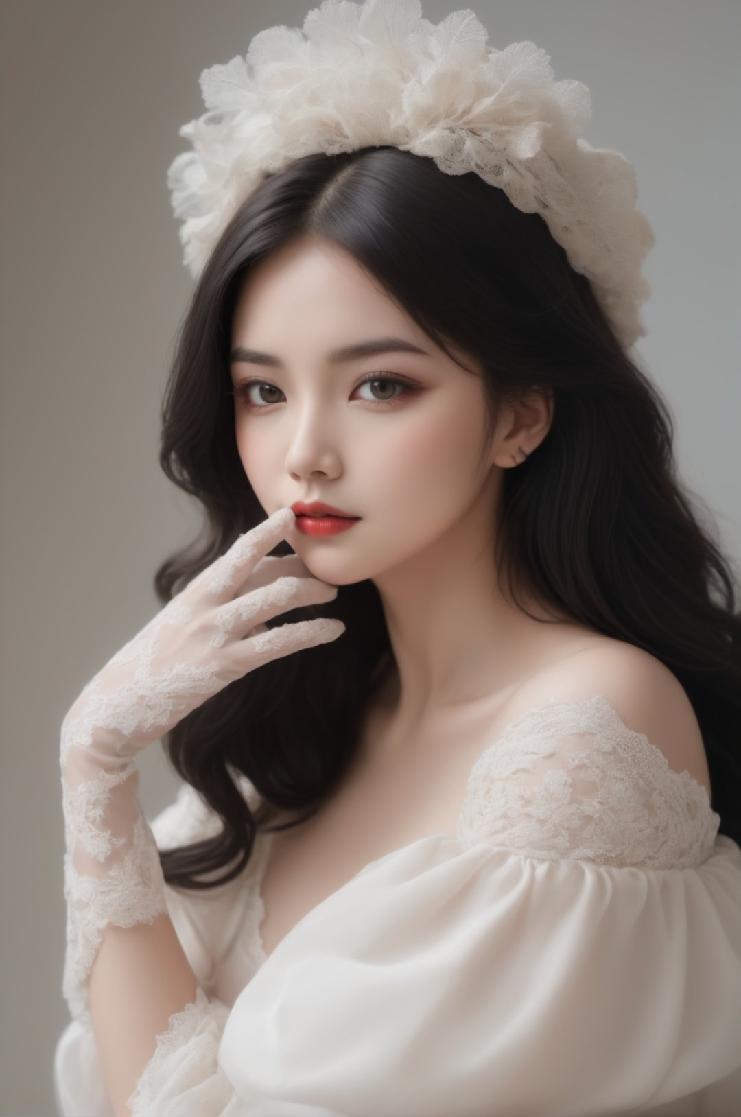 1girl,solo,.sexy pose,pensive woman,voluminous dress,intricate lace,embroidered gloves,feathered hat,curled hairdo,pale skin,minimal makeup,tender smile,dainty neckline,nostalgic atmosphere,still life,black hair,black pupil,red lips,