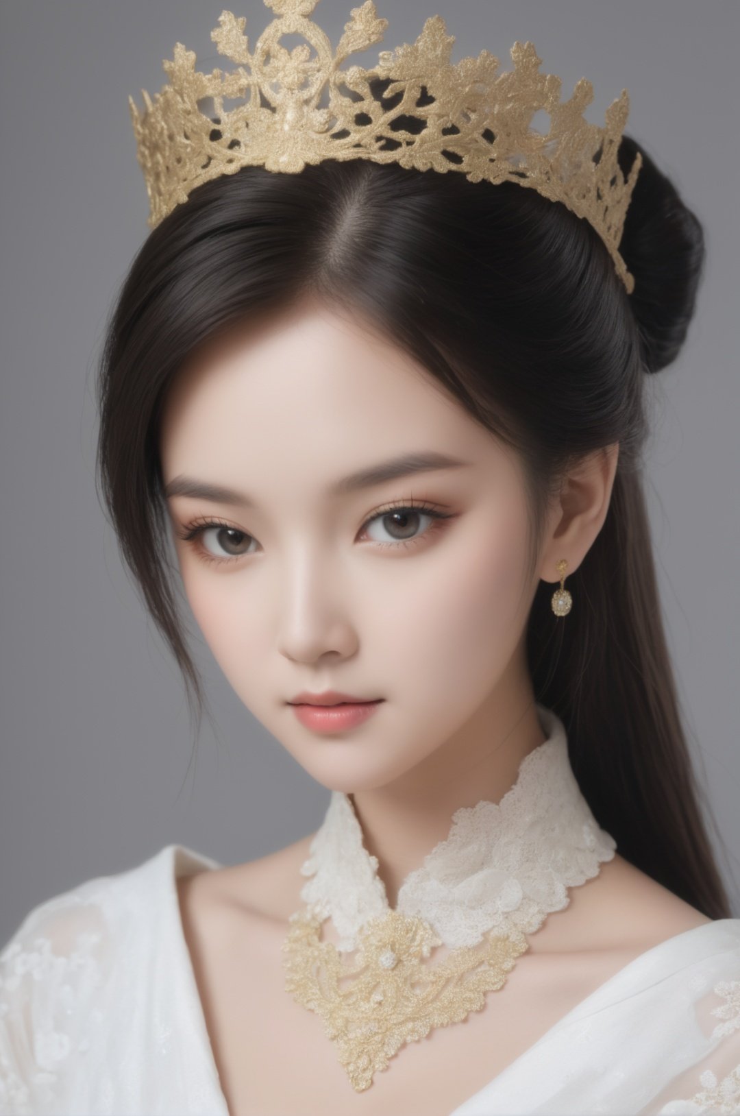 wallpaper,huge filesize,1girl,upper_body,looking_at_viewer,((((melt)))),(((((black and white melt))))),(((wear Black and white Taoist robes))),((((gold and silver lace)))),(((gold and silver lace lace))),(((flowing ((black)) and white background))),extremely detailed gorgeous tiara,