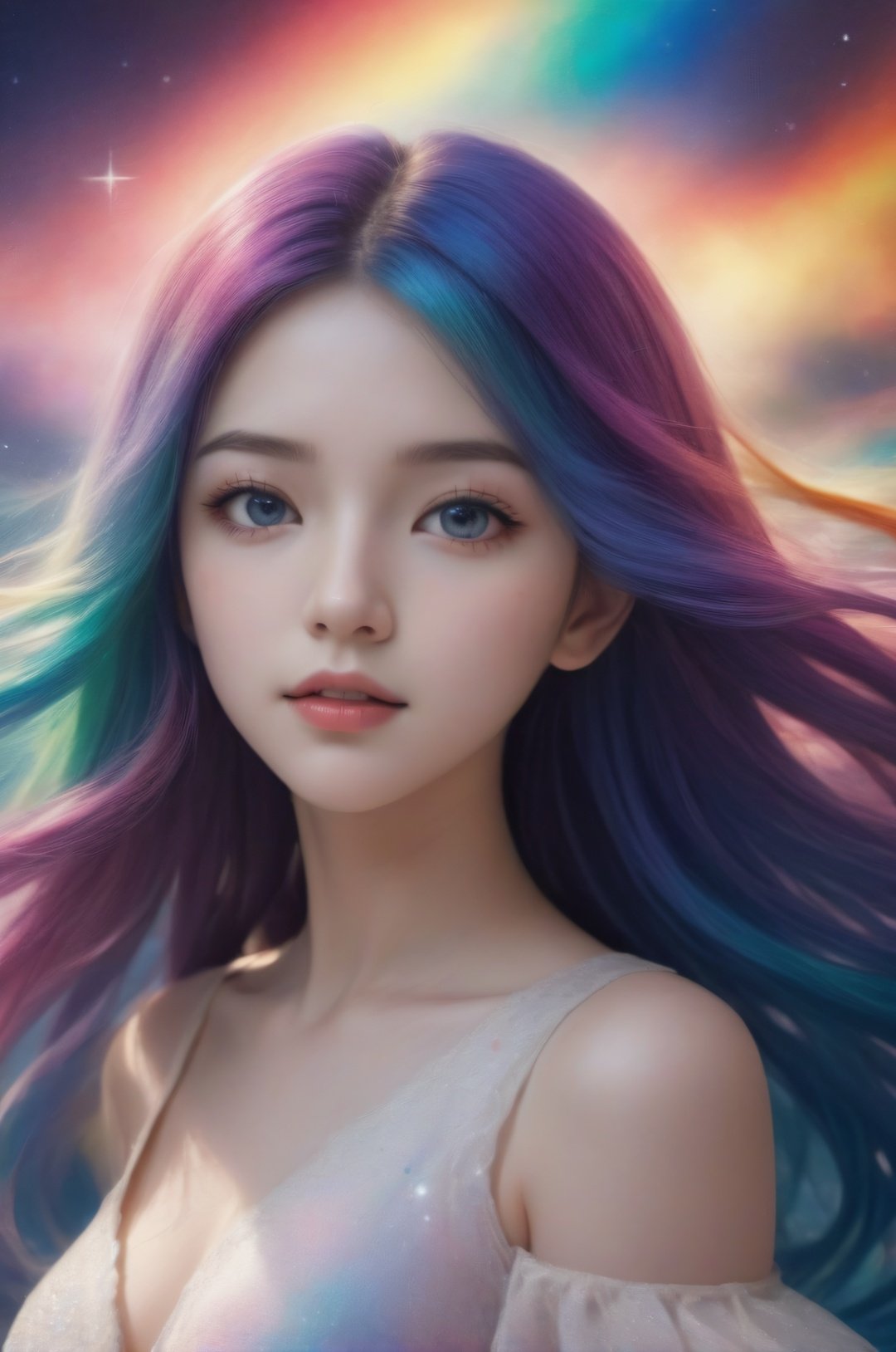 wallpaper,huge filesize,1girl,upper_body,looking_at_viewer,floating and rainbow long hair,Iridescence and rainbow, beautiful detailed starry sky,