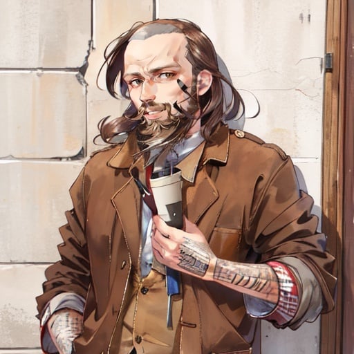 bartoslora1 man, beard, brown jacket, facial hair, jacket, looking at viewer, mustache, pants, profile, realistic, shirt, sleeves rolled up, smile <lora:bartoslora1-000005:1>